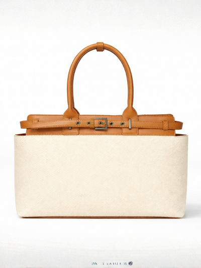 Premium Jute & PU Leather Structured Tote Off White Bag for Women